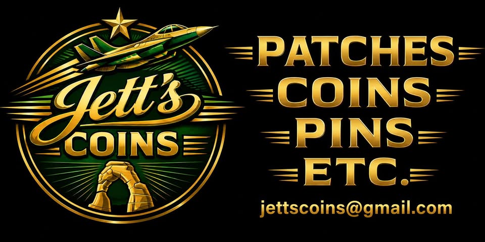 Jett’s Coins brand cover featuring patches, coins, and pins